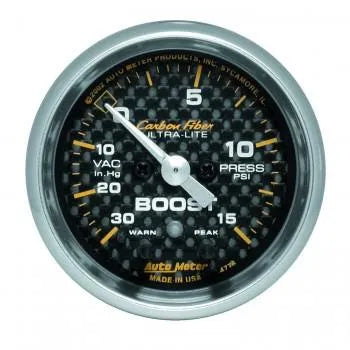 Autometer Carbon Fiber Series 2-1/16'' Boost/Vacuum 30 IN HG/15 PSI Gauge (4776)