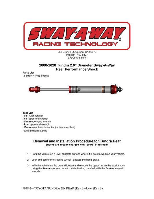 aFe Sway-A-Way 2.0in Rear Shock Kit 00-06 Toyota Tundra