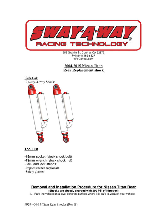 aFe Sway-A-Way 2.0in Rear Shock Kit 04-15 Nissan Titan