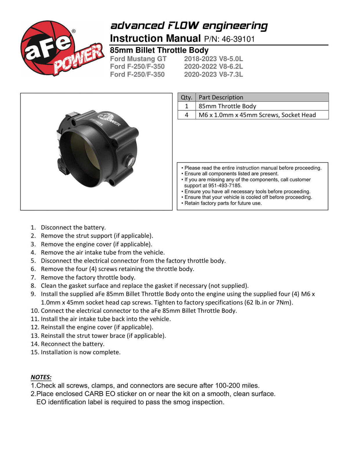 aFe 18-21 Ford Mustang GT 5.0L 85mm Billet Throttle Body