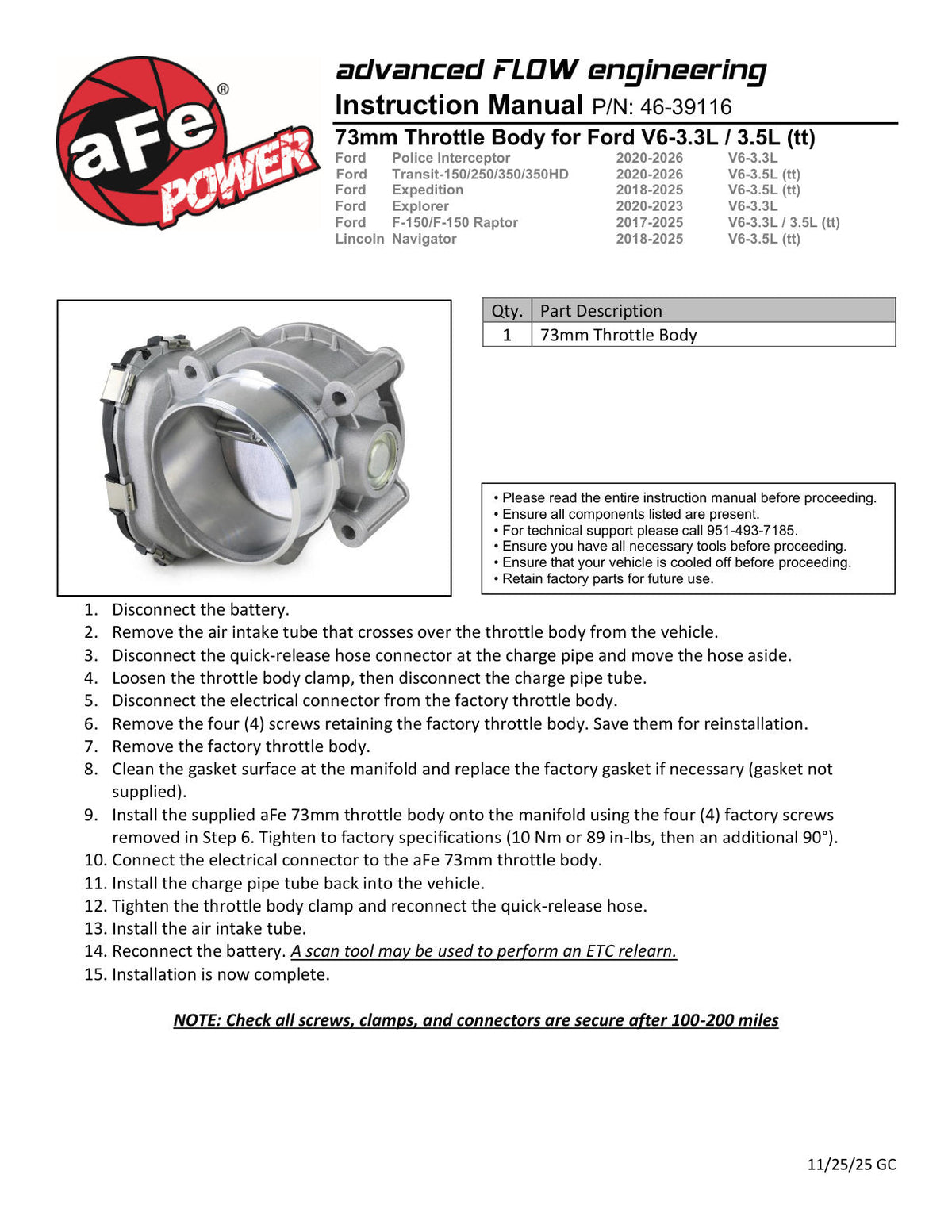 aFe POWER 17-25 Ford F150 V6-3.5L (tt) 73mm Throttle Body