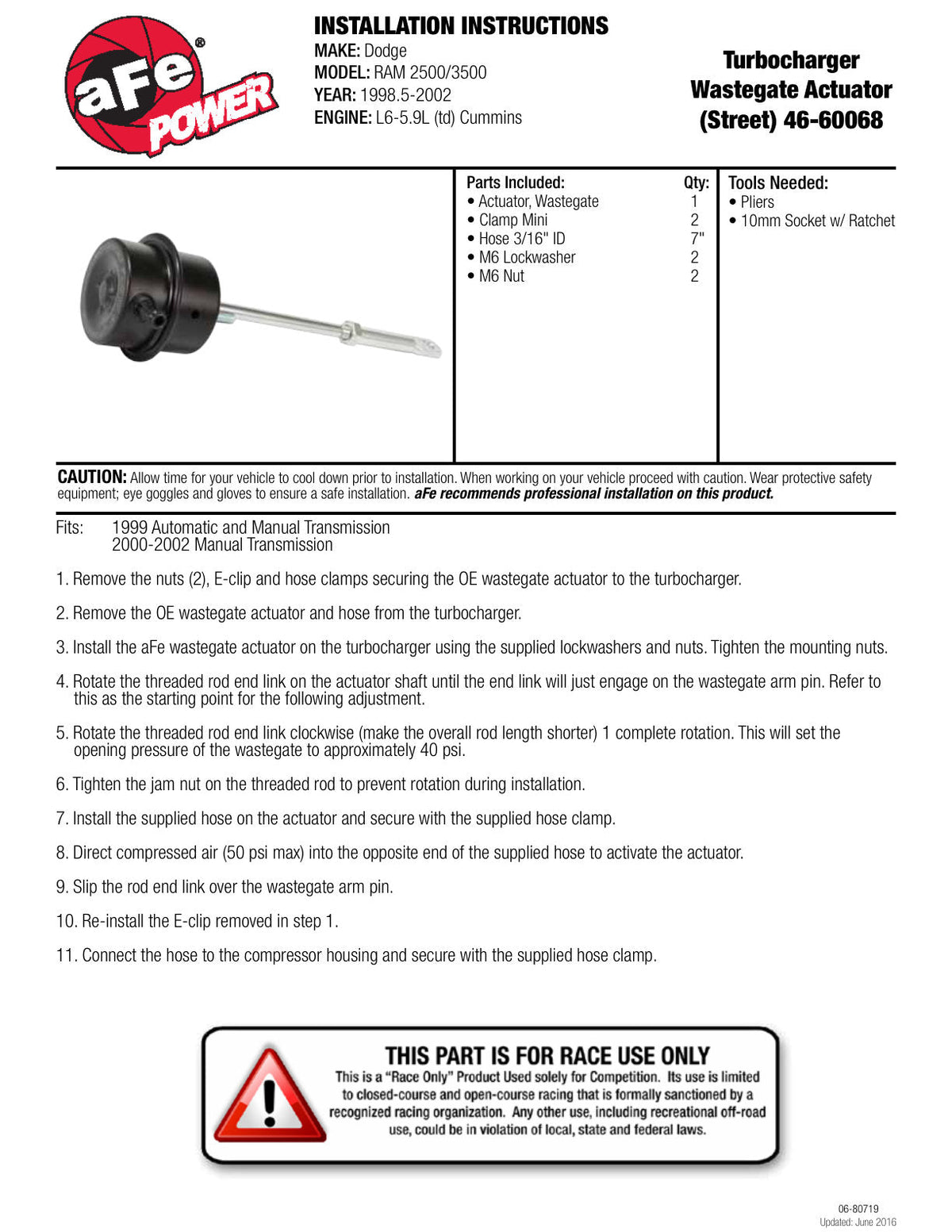 aFe Power BladeRunner Wastegate Actuator Street Series 20-60 PSI 98.5-02 Dodge Diesel Trucks L6-5.9L