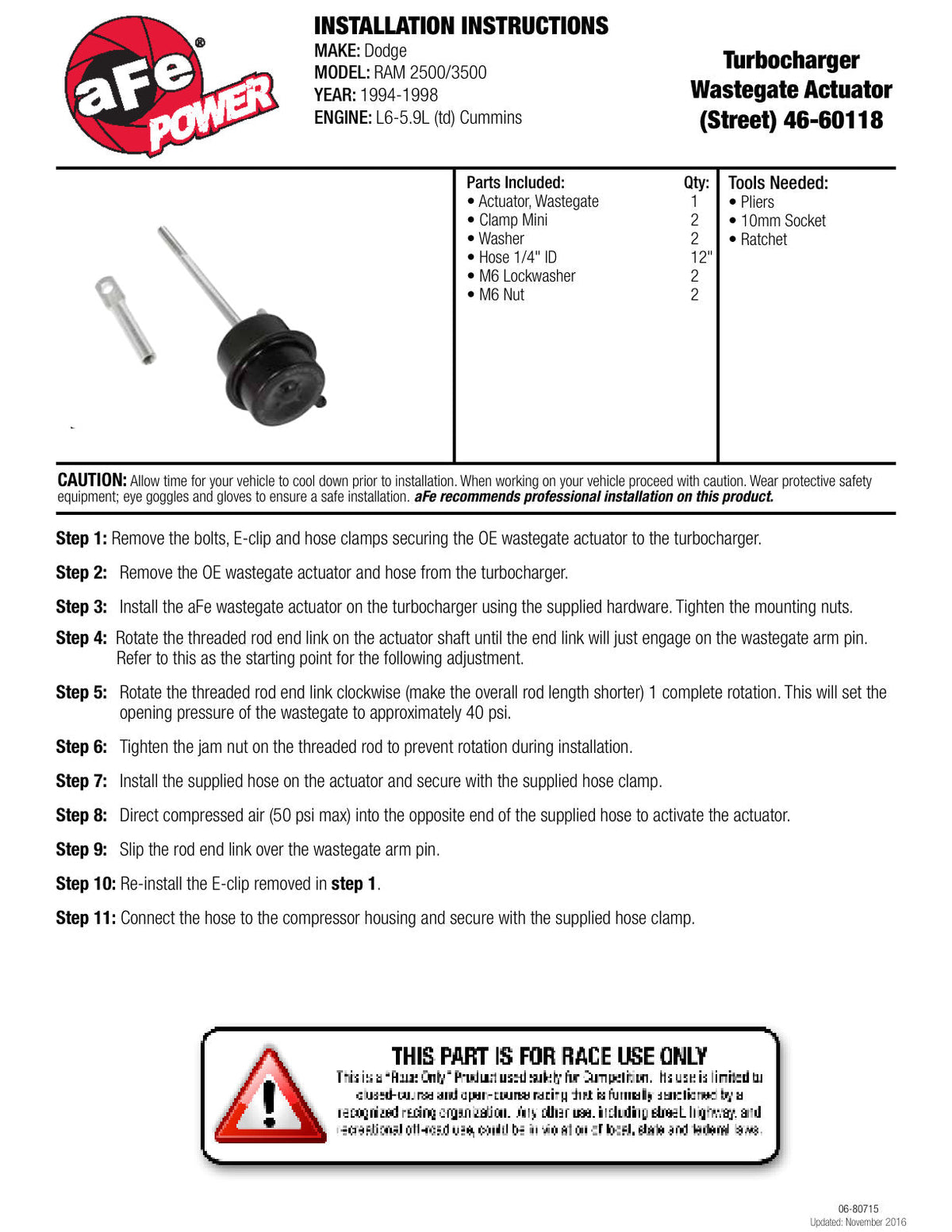 aFe Power BladeRunner Wastegate Actuator Street Series 20-60 PSI 94-98 Dodge Diesel Trucks L6-5.9L