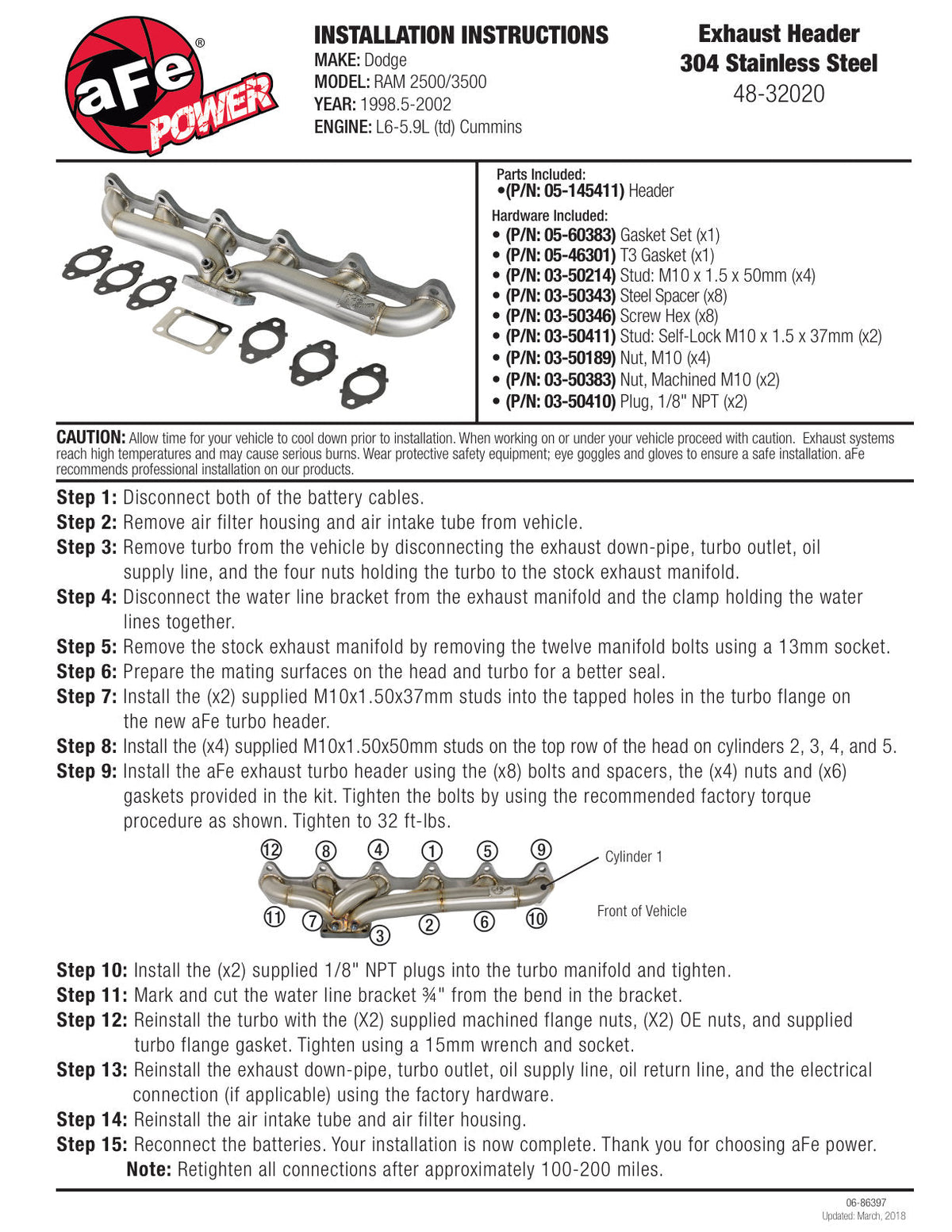 aFe Twisted Steel Header Turbo Manifold (T3) 98.5-02 Dodge Diesel Trucks L6 5.9L (td)