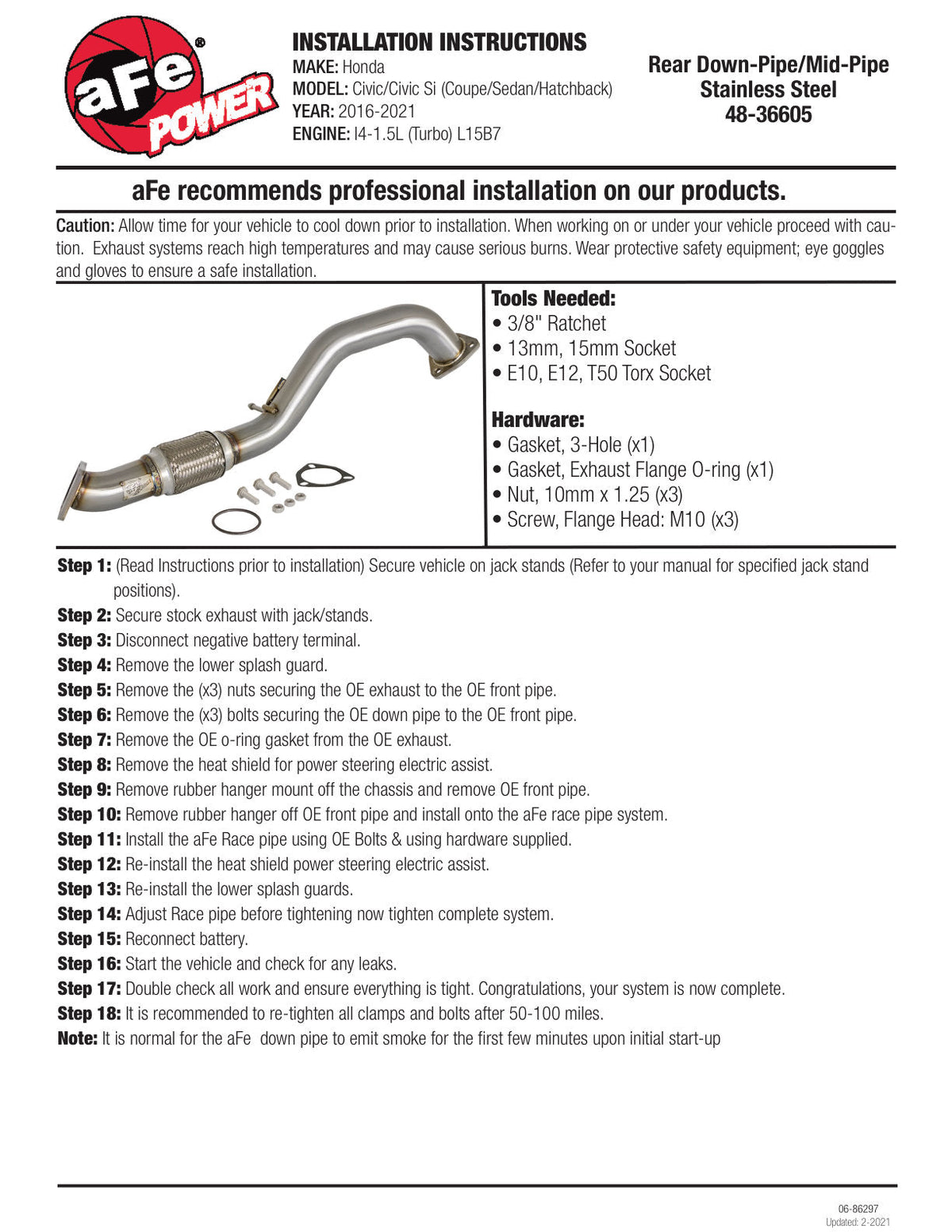 aFe Power Elite Twisted Steel 16-17 Honda Civic I4-1.5L (t) 2.5in Rear Down-Pipe Mid-Pipe