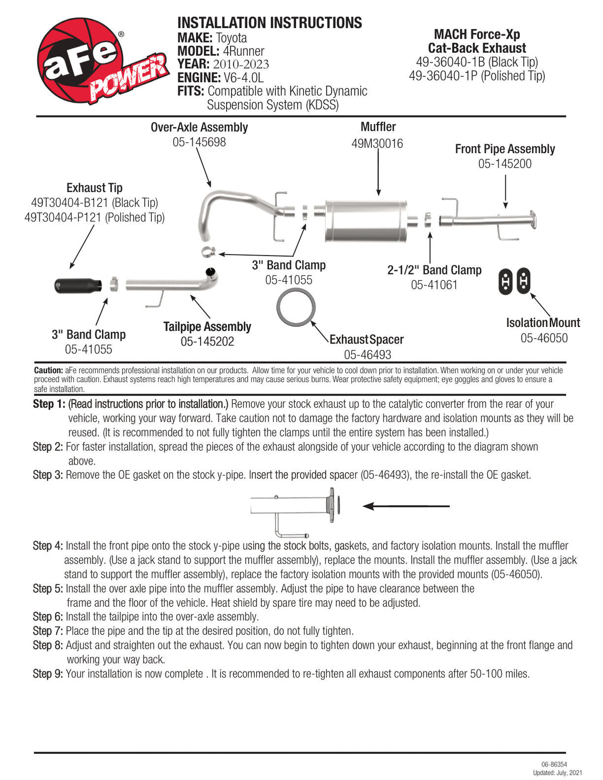 aFe MACH Force XP 2.5in 304-SS Exhaust Cat-Back w/ Black Tip 10-19 Toyota 4Runner V6-4.0L
