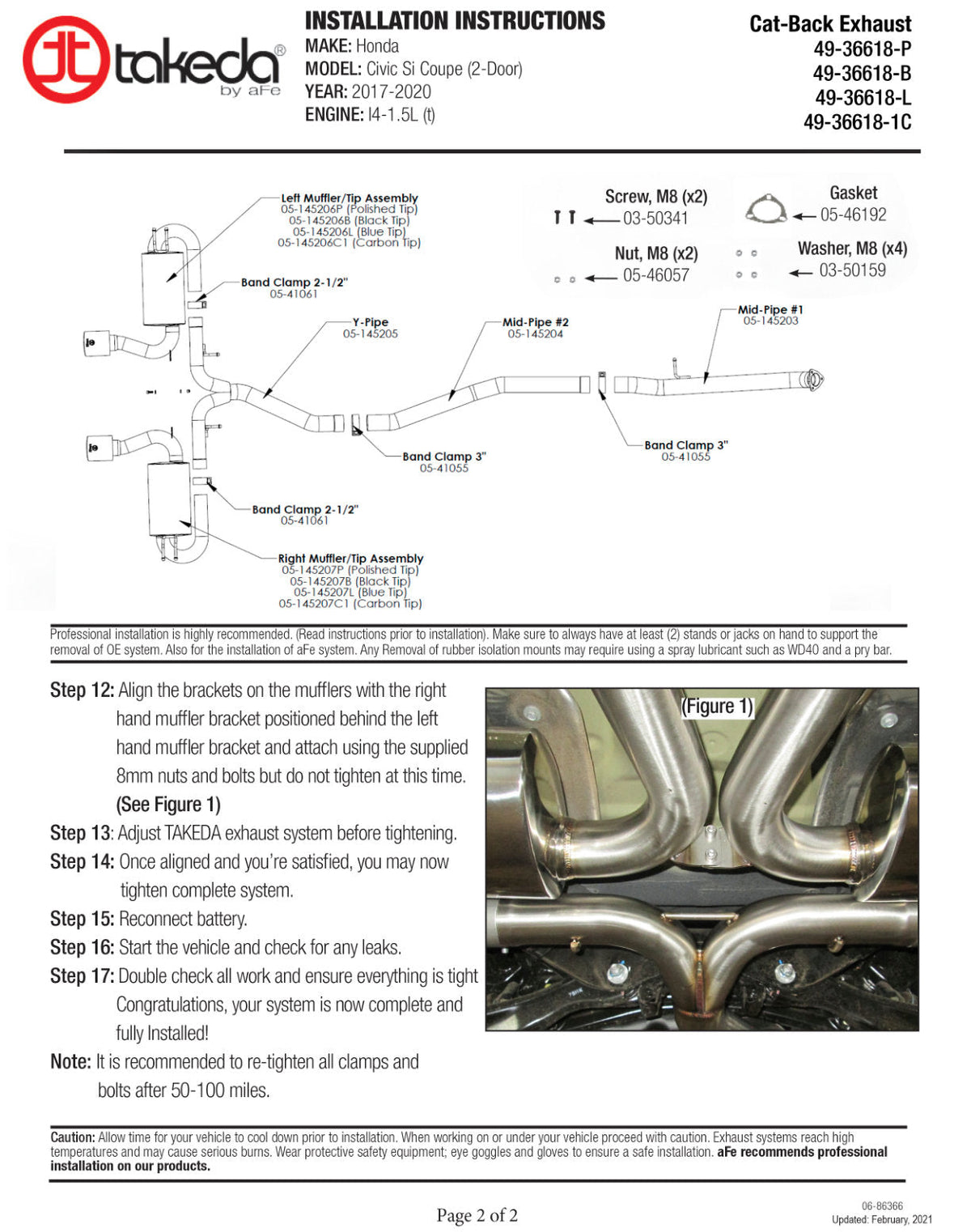 aFe Takeda 3in 304 SS Cat-Back Exhaust w/ Dual Center Black Tips 17+ Honda Civic Si (2dr) I4 1.5L