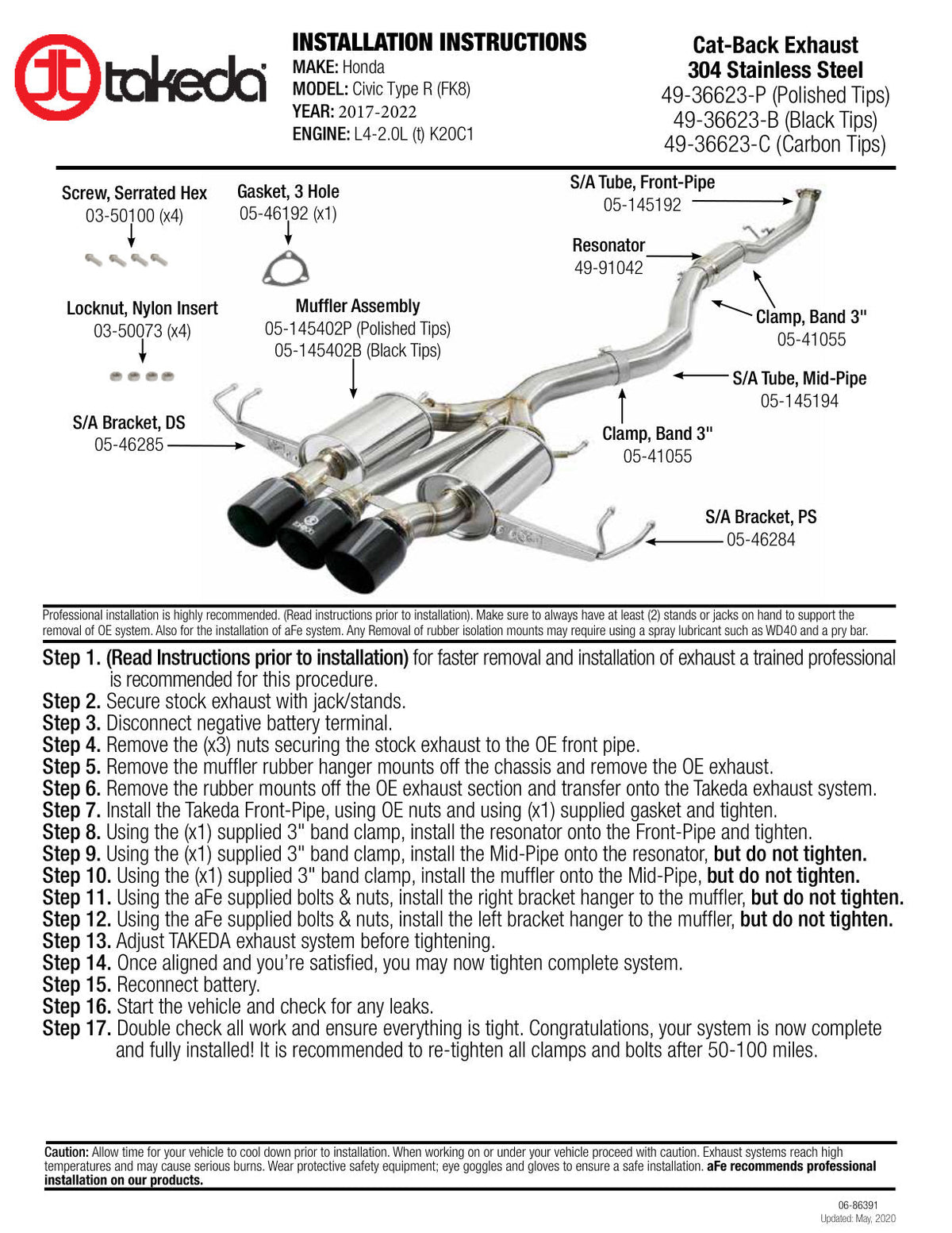 aFe Takeda 3in 304 SS Cat-Back Exhaust w/ Tri-Black Tips 17-18 Honda Civic Type R L4 2.0L (t)