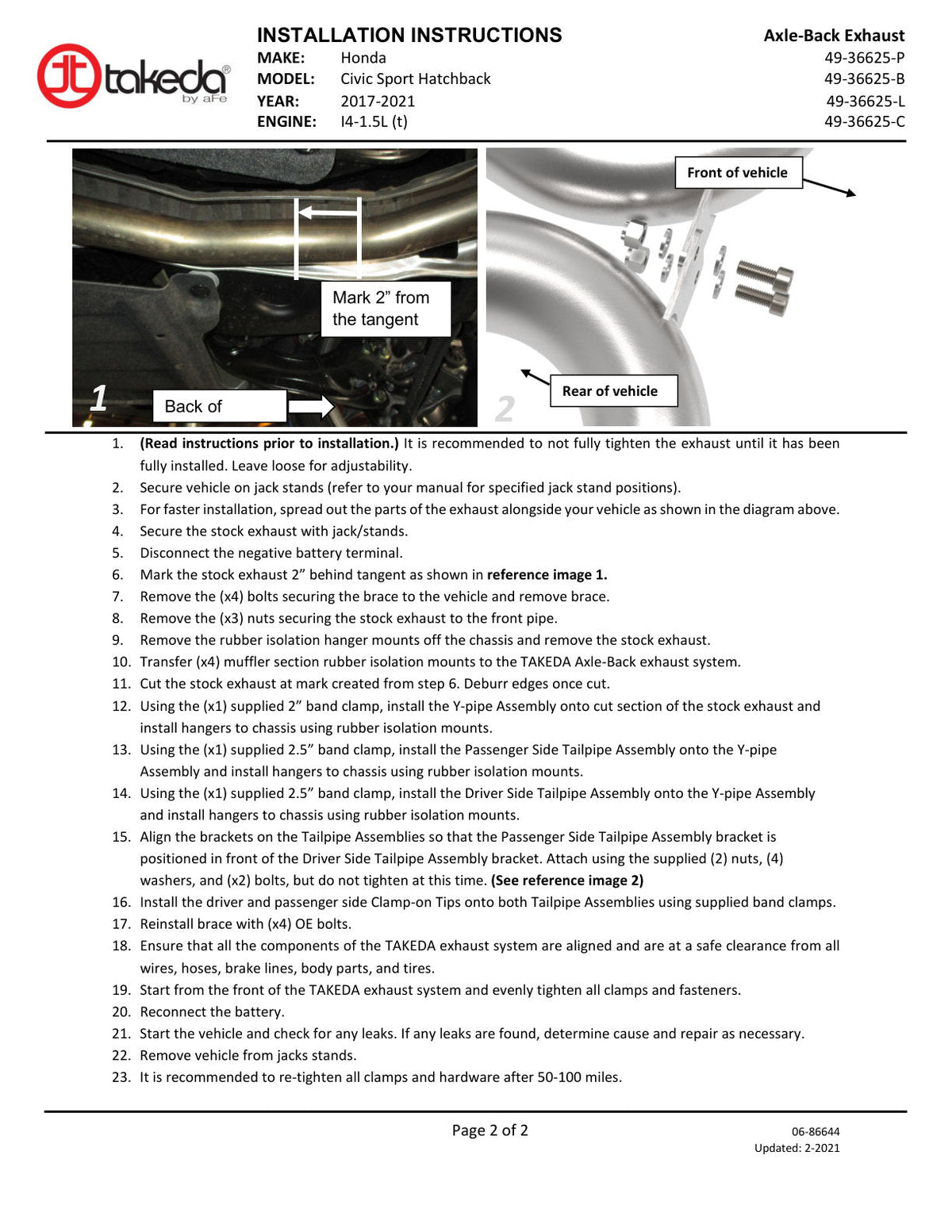 aFe Takeda 2-1/2in 304 SS Axle-Back Exhaust w/Black Tips 17-20 Honda Civic Sport L4-1.5L (t)