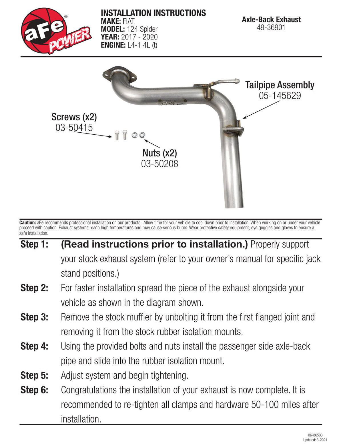 aFe FIAT 124 Spider I4-1.4L (t) Mach Force-Xp 2-1/2 In 304 Stainless Steel Axle-Back Exhaust