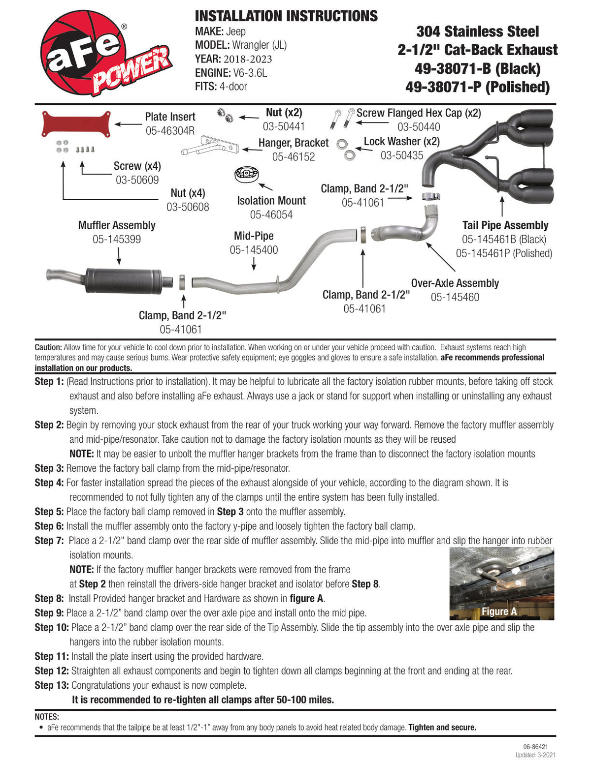 aFe Rebel Series 2.5in. 304 SS C/B Exhaust System 2018 Jeep Wrangler (JL) V6-3.6L - Polished Tip