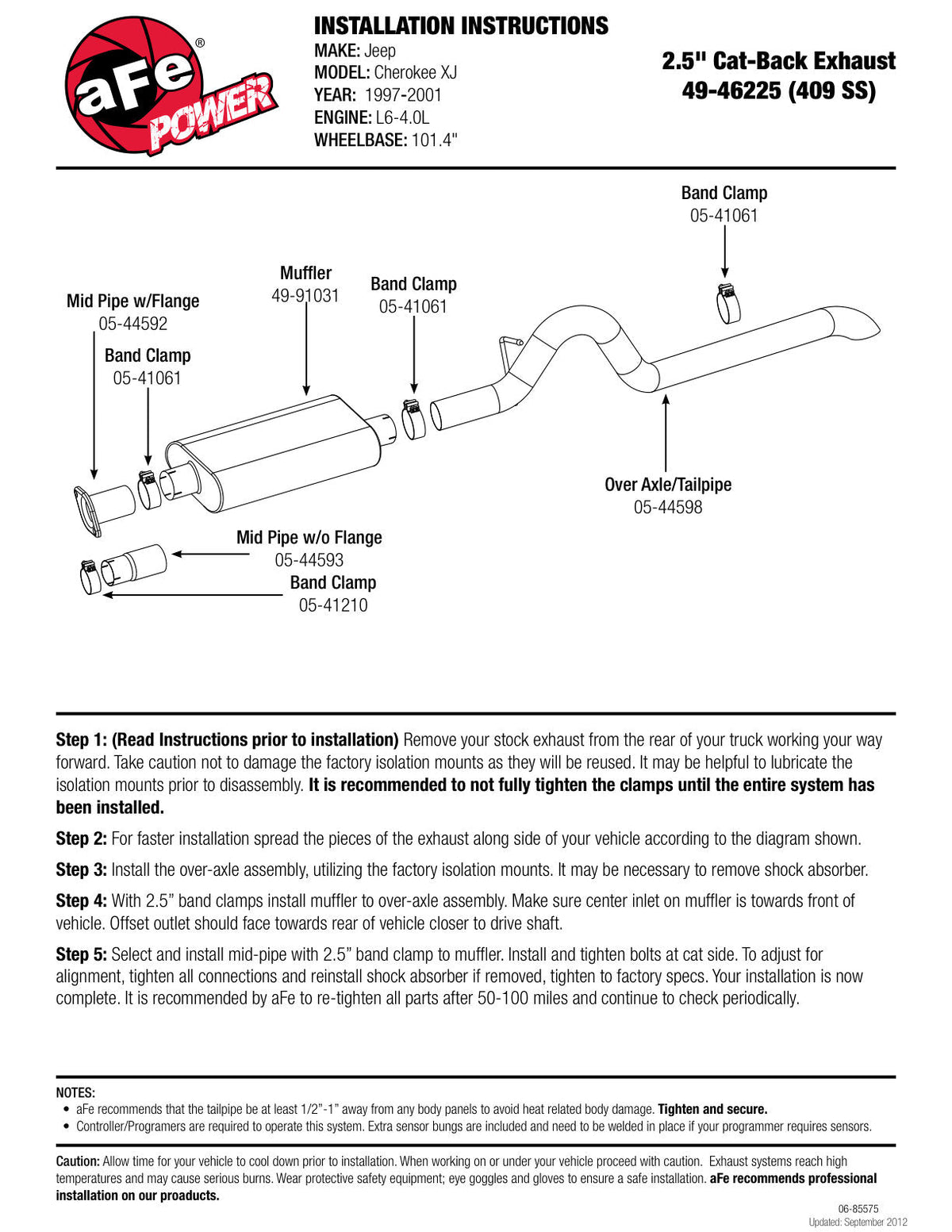 aFe MACH Force XP Exhausts Cat-Back SS-409 EXH CB Jeep Cherokee XJ 91-01 I6-4.0L HT - 2.5 In.