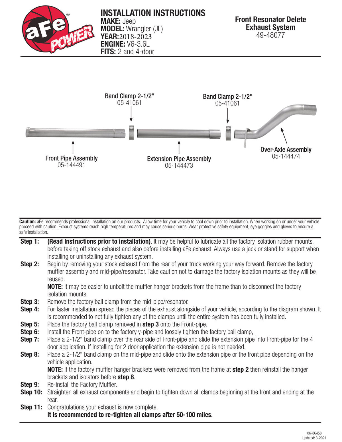 aFe MACH Force-Xp 2-1/2in 409 Stainless Steel Mid-Pipe w/Resonator Delete 18+ Jeep Wrangler JL 3.6L