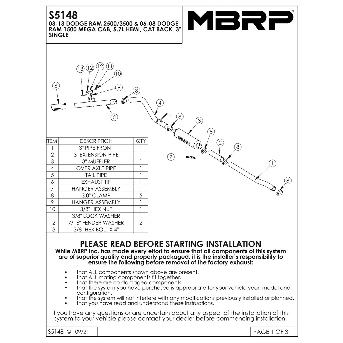 MBRP 06-08 Ram Hemi 1500 Mega Cab 5.7L / 03-13 Ram Hemi 2500/3500 5.7L T409 3in Cat Back Single Side