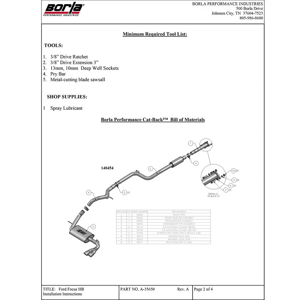 Borla 12-15 Ford Focus Titanium/SEL/SE/S Sedan 4dr 2.0L 4cyl AT Dual Clutch 6spd/MT 5spd SS Catback