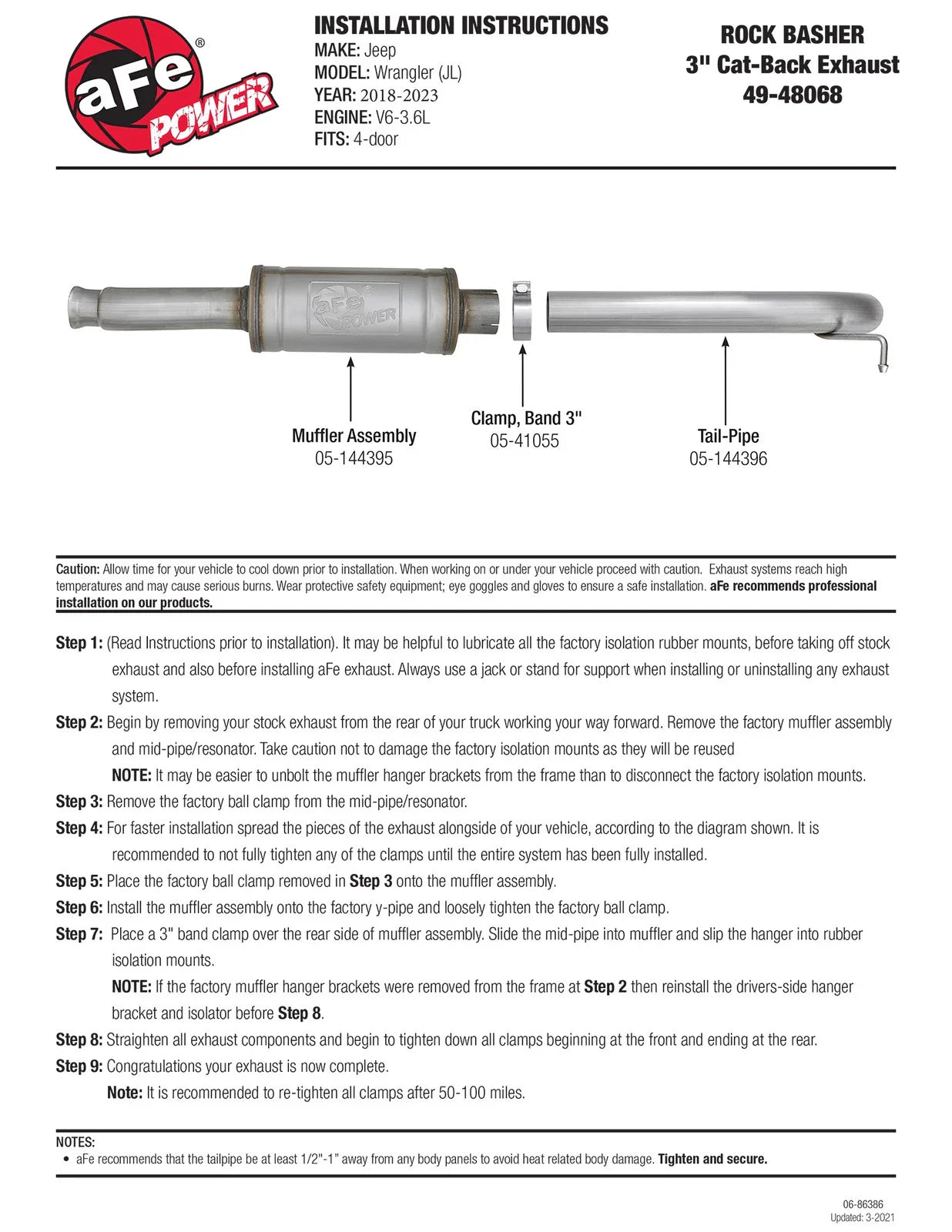 aFe Rock Duster 3in 409 SS Cat-Back Turn-Down Exhaust 2018+ Jeep Wrangler (JL) V6 3.6L