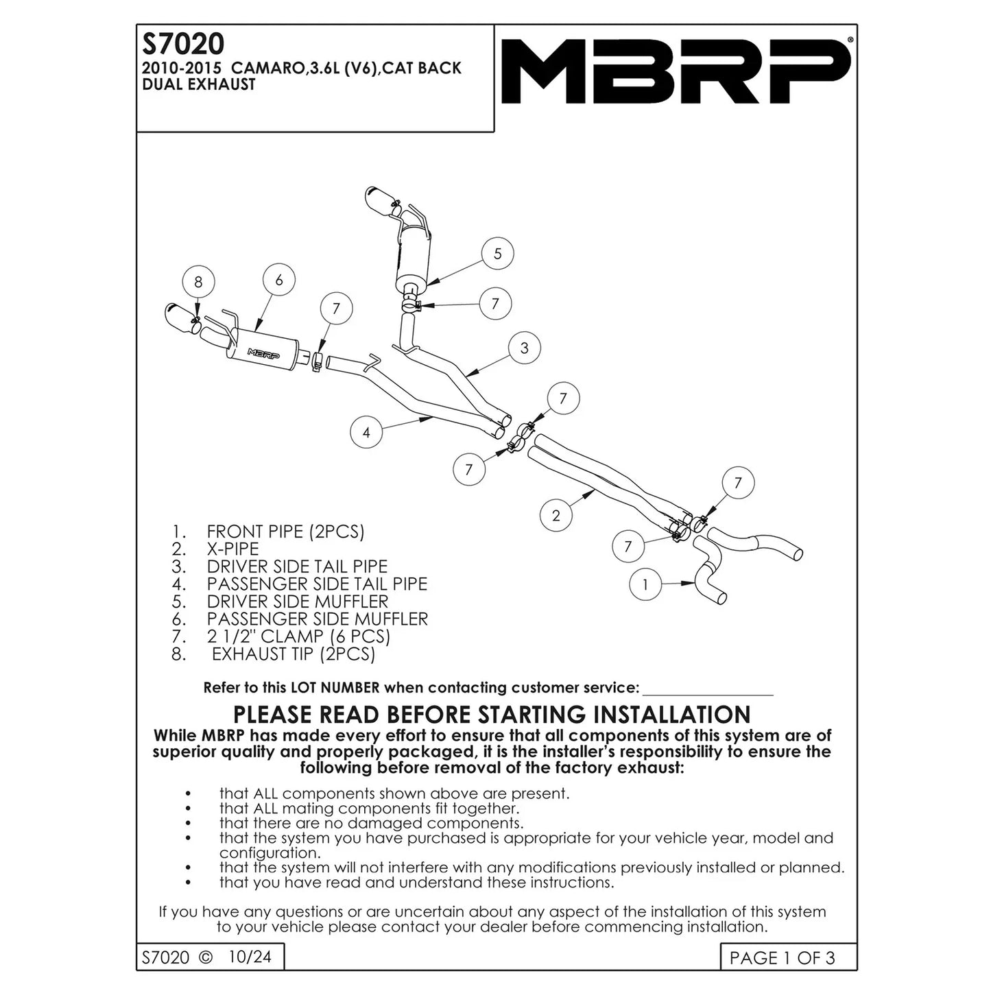 MBRP 2010 Chev Camaro V6 3.6L Dual Cat Back Round Tips (11 Conv. MUST purchase mbrpAD1710)