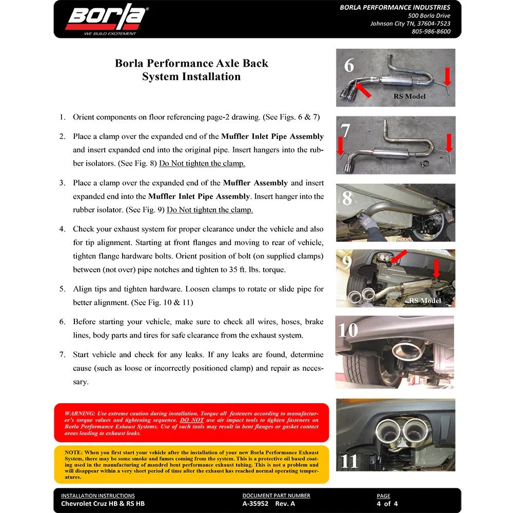 Borla 2017 Chevrolet Cruze RS 1.4T FWD 2.25in SS S-Type Rear Section Exhaust
