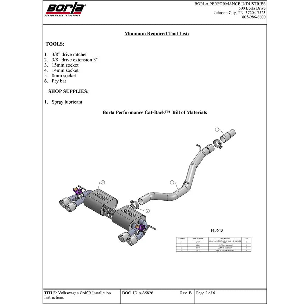 Borla 2015 Volkswagen Golf-R 2.0L Turbo S-Type CB Exhaust