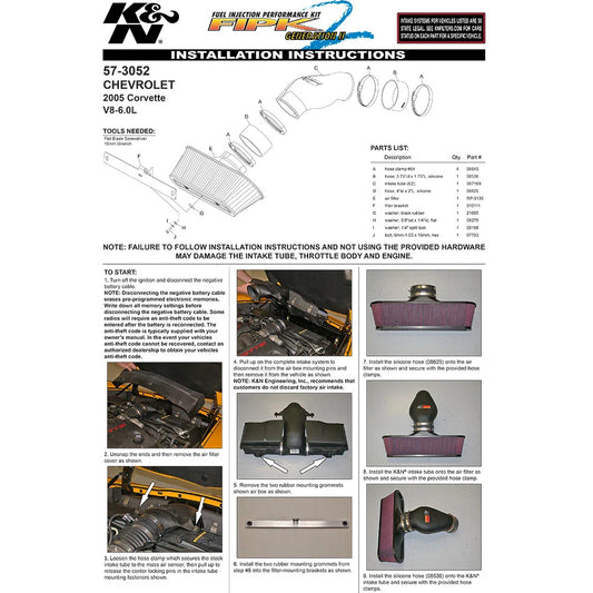 K&N Performance Intake Kit FIPK; CHEVROLET CORVETTE, V8-6.0L; 2005