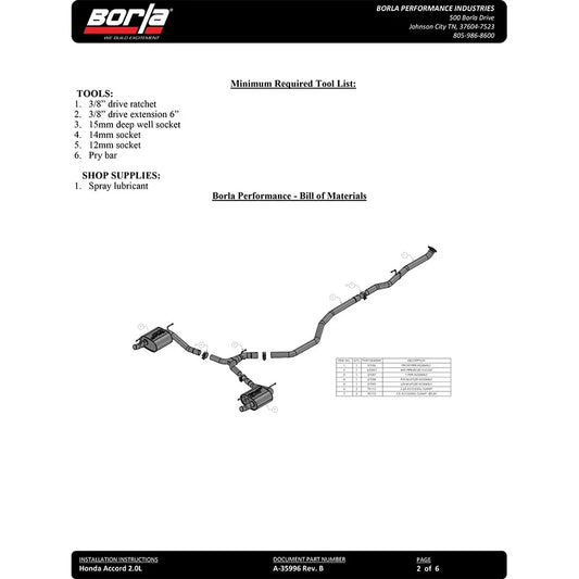 Borla 18-19 Honda Accord Sport 2.0L Turbo FWD AT/MT 4DR 2.25in/2.75in S-Type Catback Exhaust