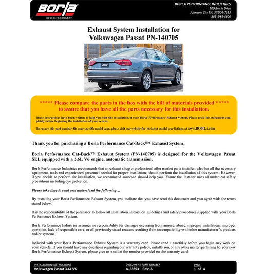 Borla 16-18 Volkswagen Passat 3.6L FWD/AWD Catback Exhaust