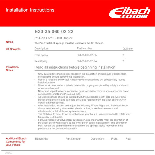 Eibach Pro-Kit for 21-23 Ford F-150/Raptor 35in & 37in (2.2in Front Lift / 1.5in Rear Lift )