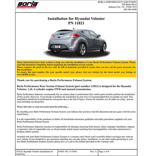 Borla 12-14 Veloster 1.6L AT/MT FWD 2dr 2.25in No Tips SS Exhaust (rear section only)