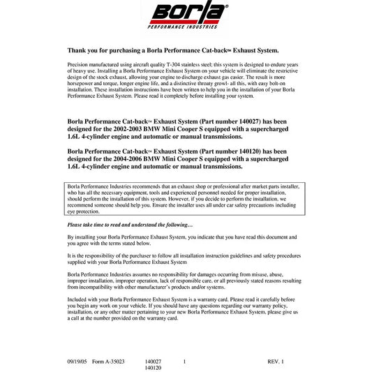 Borla 04-06 Mini Cooper S (Incl. Convertible) Normal Cat-back