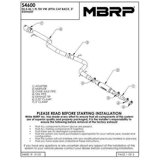 MBRP 05.5-06 VW 1.9L TDI Jetta 3in T409 Cat Back Exhaust