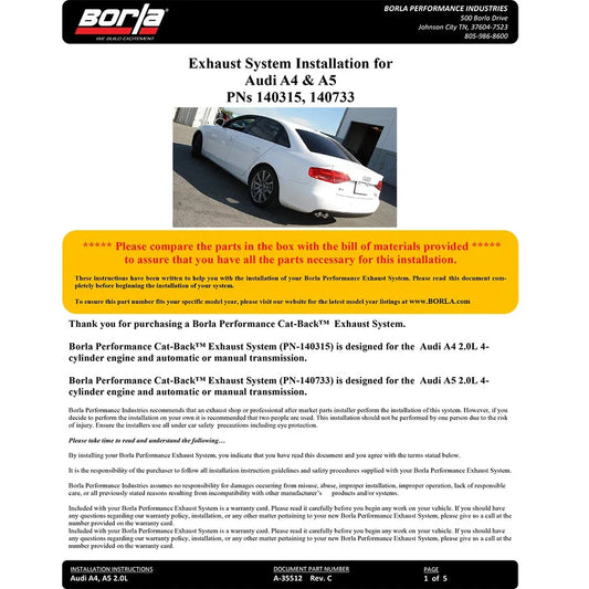 Borla 10-16 Audi B8/B8.5/A5 2.0L AT/MT AWD 2DR S-Type Catback Exhaust