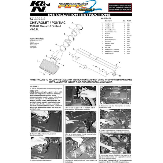 K&N 98-02 Camaro 5.7L-V8 Performance Intake Kit