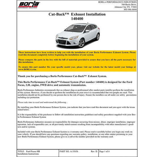 Borla 12-16 Ford Focus SE Hatchback w/o Sport Package 2.0L 4cyl SS Catback Exhaust