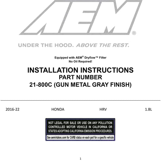 AEM 2016 Honda HR-V L4-1.8L F/I Gunmetal Gray Cold Air Intake