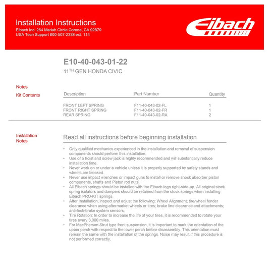 Eibach 22-23 Honda Civic Sport Hatchback 2.0L FWD FE/FL Pro-Kit Performance Springs (Set of 4)