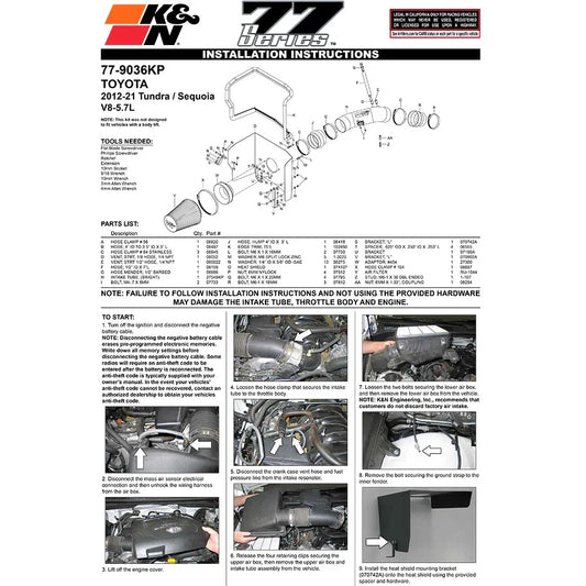 K&N 12 Toyota Tundra 5.7L V8 High Flow Performance Intake