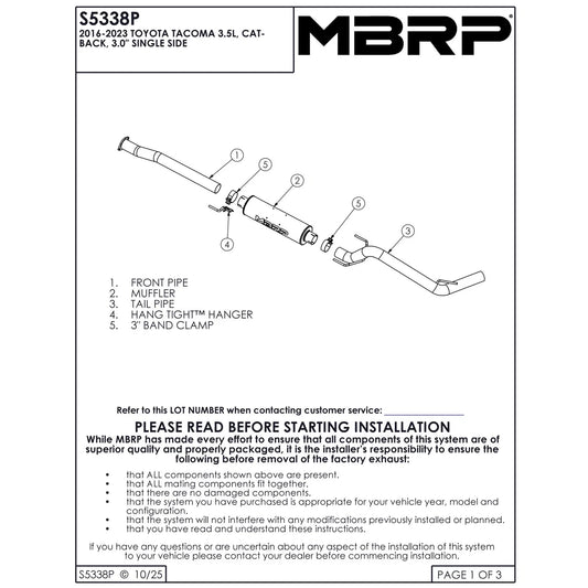 MBRP 16-19 Toyota Tacoma 3.5L 3in Cat Back Single Side Exit Alum Exhaust System