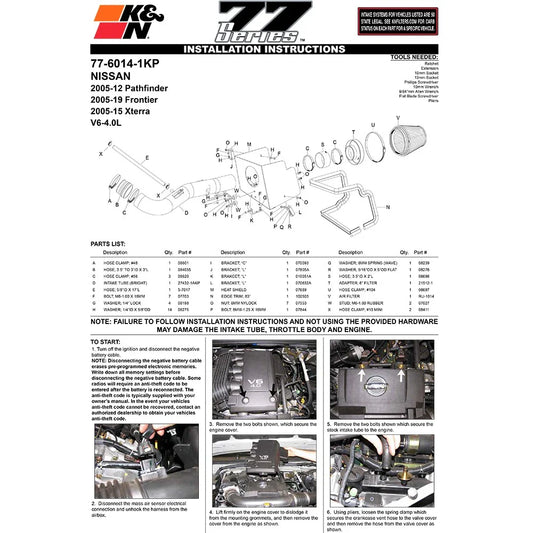 K&N 05-09 Nissan Pathfinder/Xterra/Frontier V6-4.0L 77 Series High Flow Performance Kit