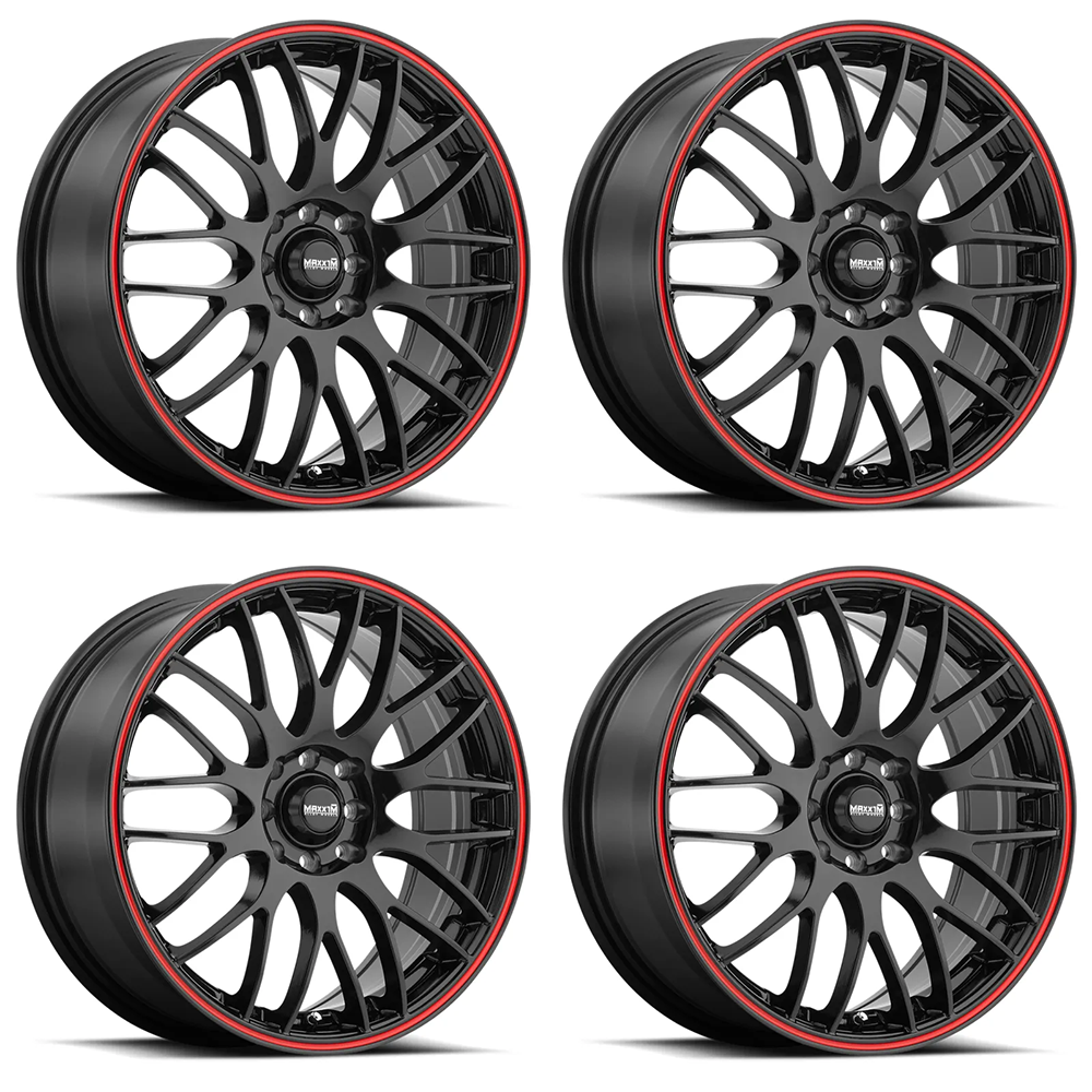 (set of 4) Konig Maxxim Maze Black/Red Stripe | 17x7" +40mm | 10x110/115mm Wheel