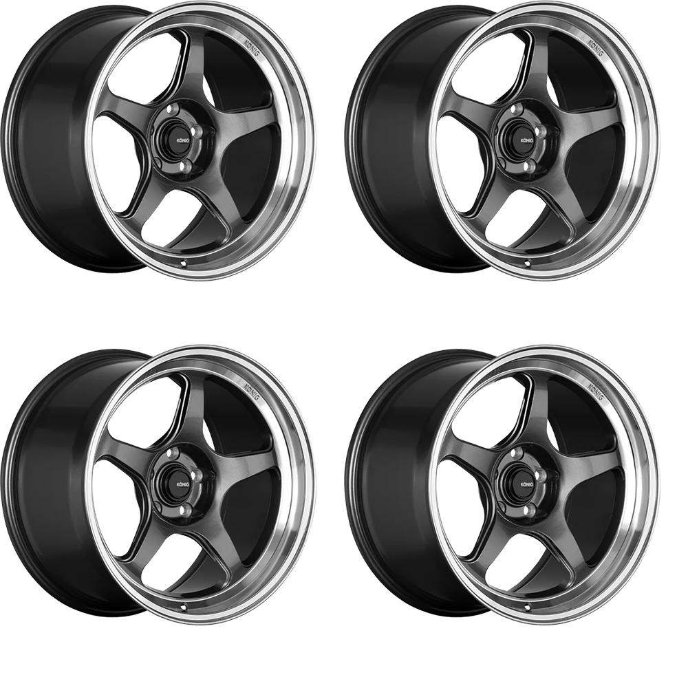 (set of 4) Konig Hyperspec Anthracite Metallic w/ Mirror Machined Lip | 15x7" +35mm | 4x100mm Wheel
