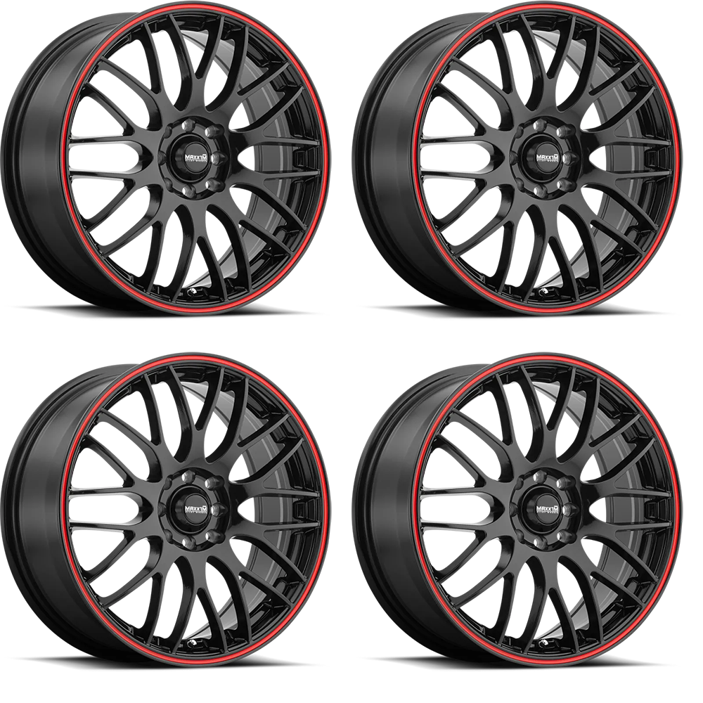 (set of 4) Konig Maxxim Maze Black/Red Stripe | 17x7" +40mm | 10x100/114.3mm Wheel