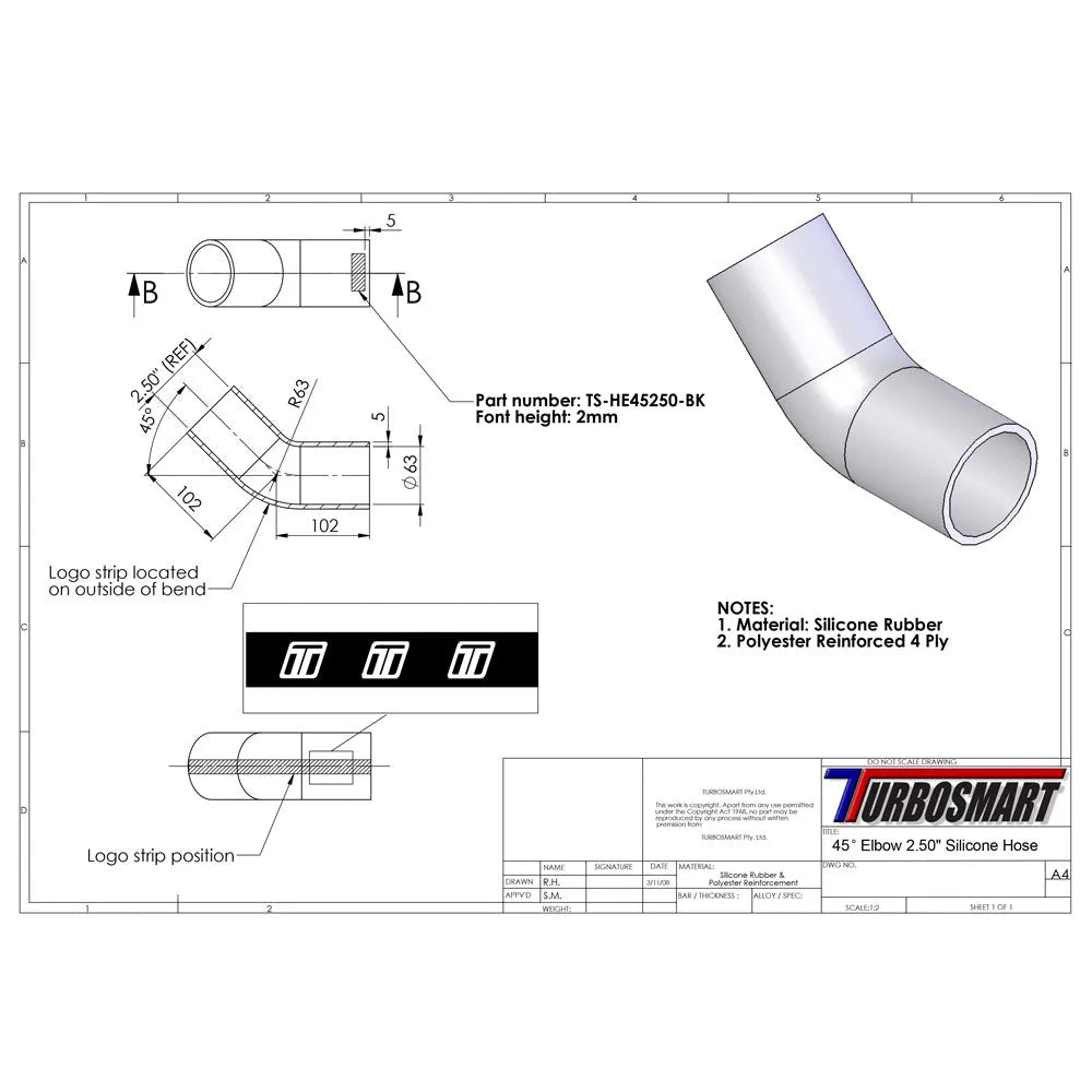 Turbosmart 45deg Elbow 2.50" (TS-HE45250-BK)