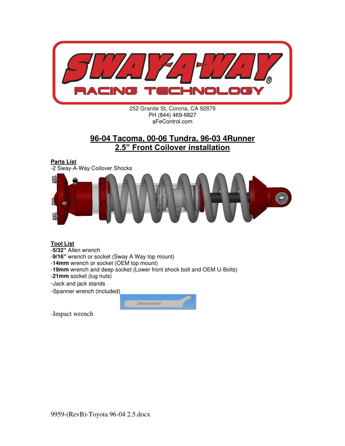 aFe Sway-A-Way 2.0in Front Coil Over Kit 96-02 Toyota 4Runner