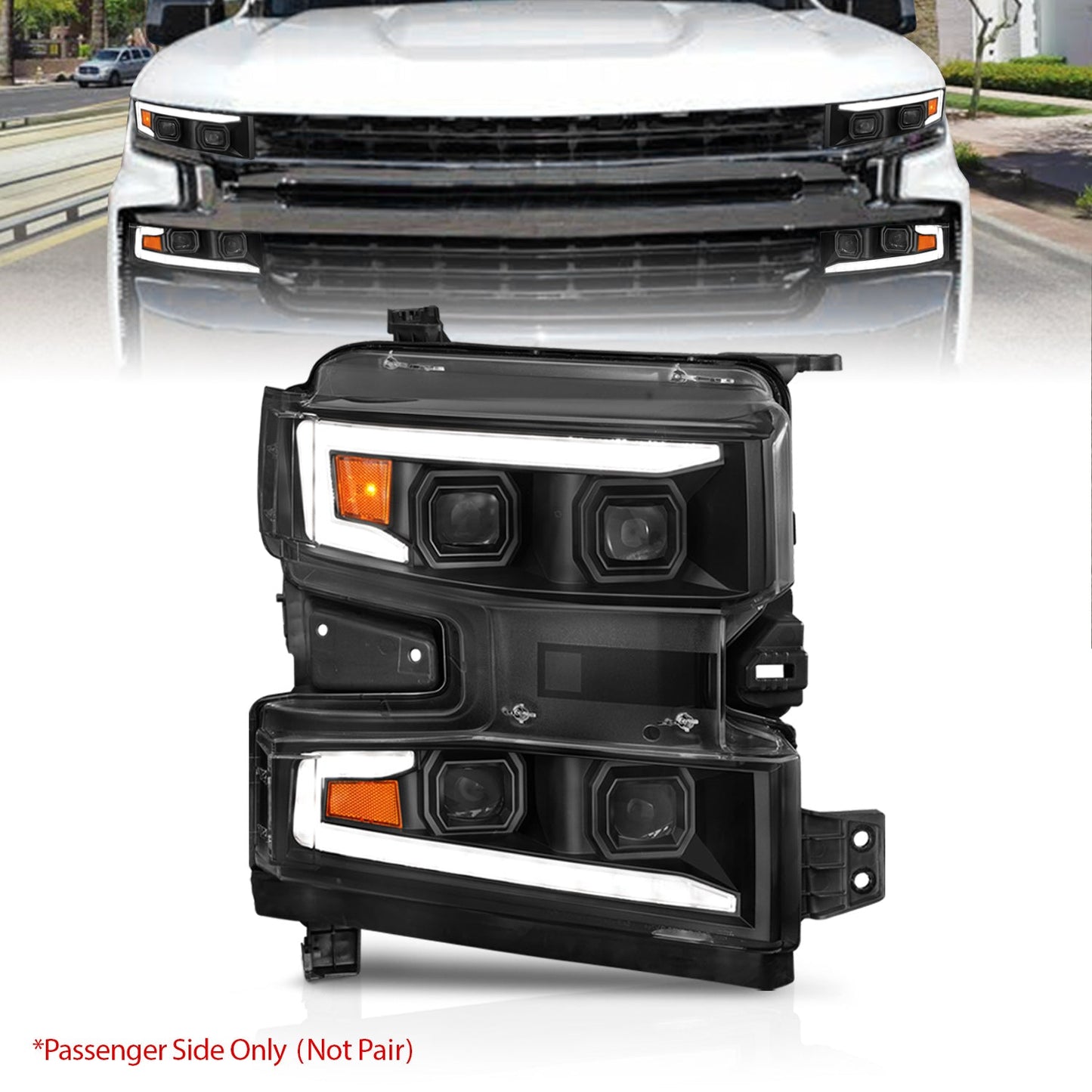 ANZO 19-22 Chevrolet Silverado 1500 LED Proj HL w/Lgt Bar SwBk Seq. Blk w/In. Light - Passenger Side