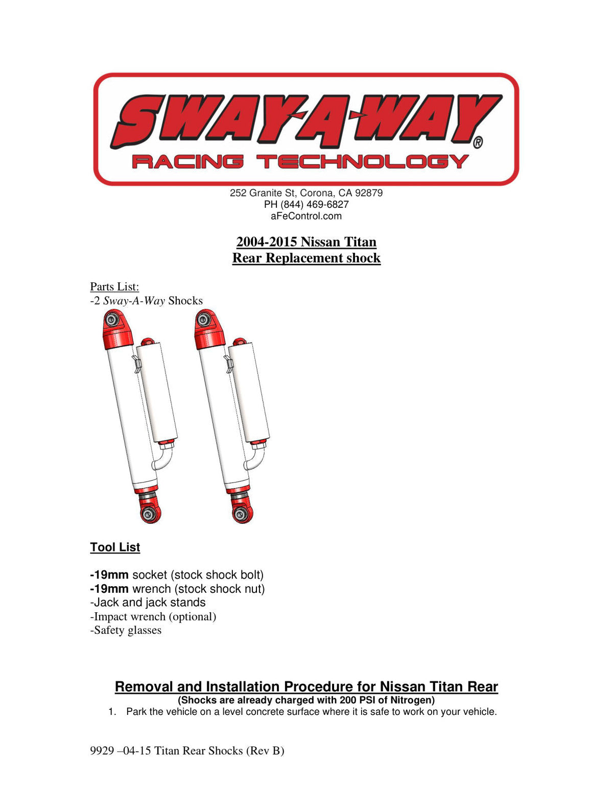 aFe Sway-A-Way 2.0in Rear Shock Kit 04-15 Nissan Titan