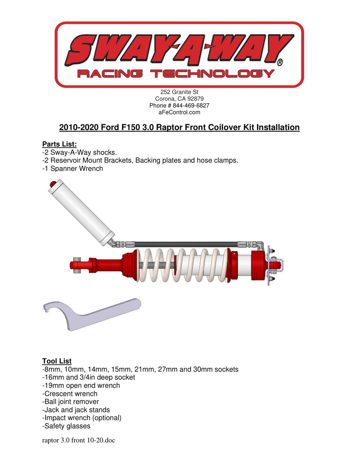 aFe Sway-A-Way 10-14 F150/Raptor 6.2L 3.0 Front Coilover Kit w/ Remote Reservoirs and Compr Adjuster