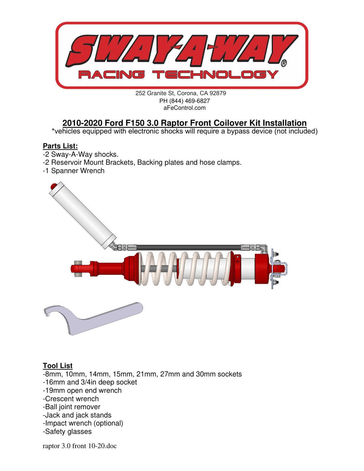 aFe Sway-A-Way 2.5in Front Coil Over Kit 10-14 Ford F-150 Raptor