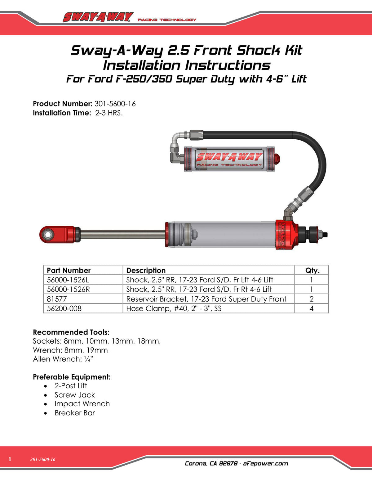 aFe Sway-A-Way 2.5 Front Shock Kit w/ Remote Reservoirs for 4-6 IN Lifts Ford F-250/F-350 17-24 4WD