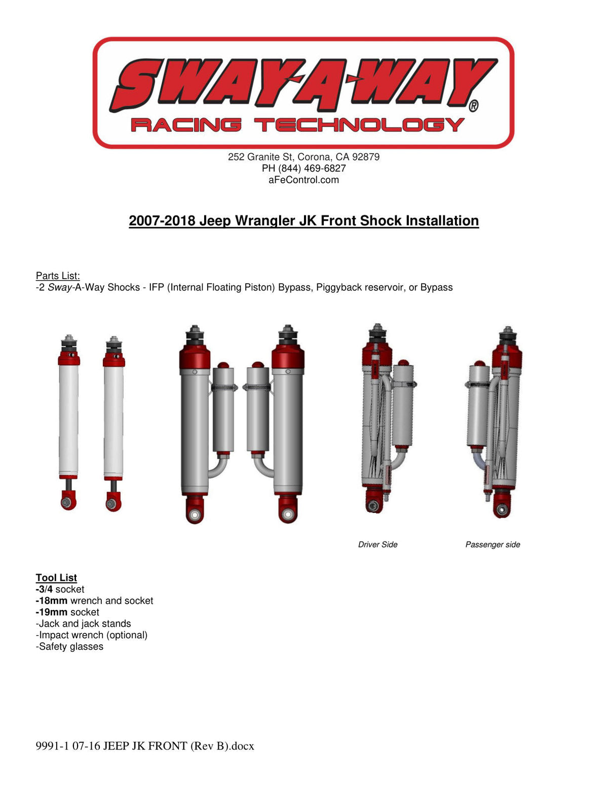 aFe Sway-A-Way 2.0in Front Shock Kit 0-2in Lifts 07-17 Jeep Wrangler JK