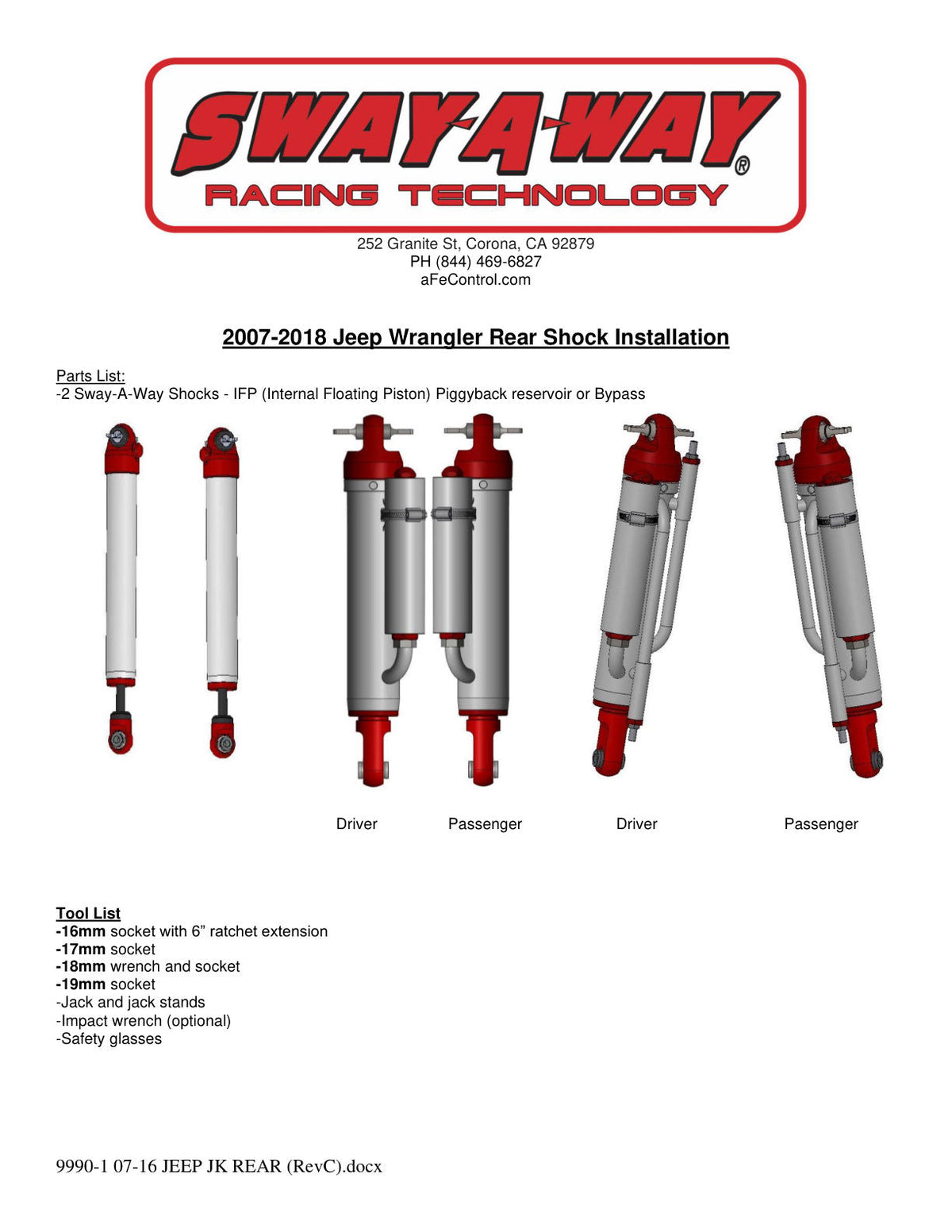 aFe Sway-A-Way 2.0in Rear Shock Kit 0-2in Lifts 07-17 Jeep Wrangler JK